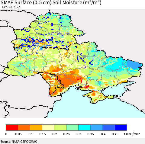 Ukraine, Moldova and Belarus SMAP Surface (0-5 cm) Soil Moisture (m³/m³) Thematic Map For 10/16/2022 - 10/20/2022
