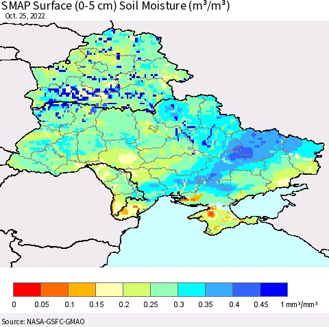Ukraine, Moldova and Belarus SMAP Surface (0-5 cm) Soil Moisture (m³/m³) Thematic Map For 10/21/2022 - 10/25/2022