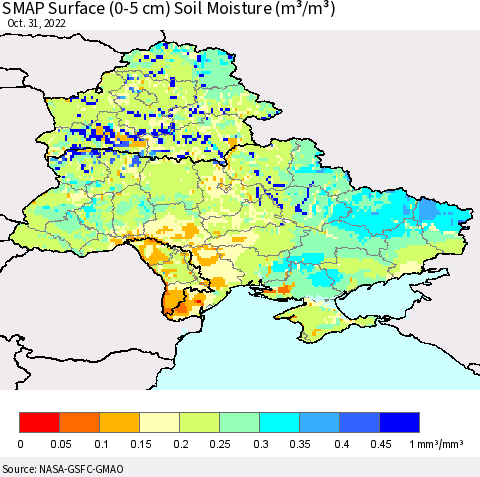 Ukraine, Moldova and Belarus SMAP Surface (0-5 cm) Soil Moisture (m³/m³) Thematic Map For 10/26/2022 - 10/31/2022