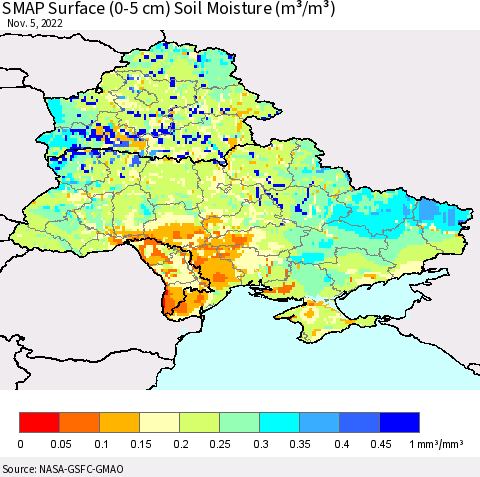 Ukraine, Moldova and Belarus SMAP Surface (0-5 cm) Soil Moisture (m³/m³) Thematic Map For 11/1/2022 - 11/5/2022