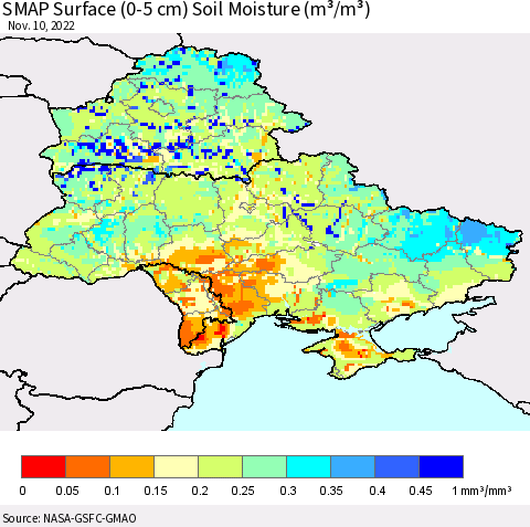 Ukraine, Moldova and Belarus SMAP Surface (0-5 cm) Soil Moisture (m³/m³) Thematic Map For 11/6/2022 - 11/10/2022