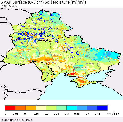 Ukraine, Moldova and Belarus SMAP Surface (0-5 cm) Soil Moisture (m³/m³) Thematic Map For 11/11/2022 - 11/15/2022