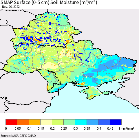 Ukraine, Moldova and Belarus SMAP Surface (0-5 cm) Soil Moisture (m³/m³) Thematic Map For 11/16/2022 - 11/20/2022