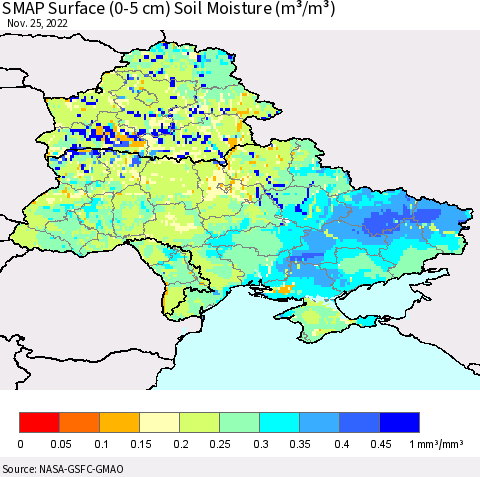 Ukraine, Moldova and Belarus SMAP Surface (0-5 cm) Soil Moisture (m³/m³) Thematic Map For 11/21/2022 - 11/25/2022