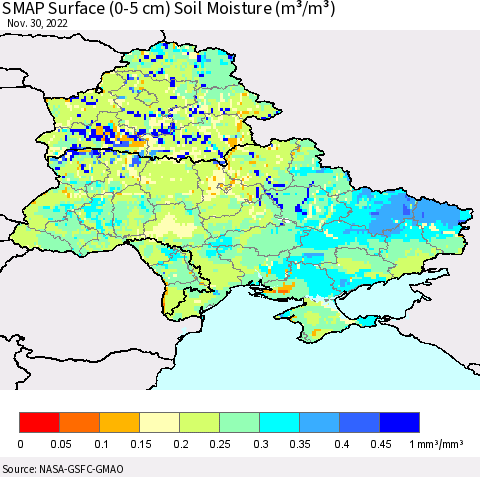 Ukraine, Moldova and Belarus SMAP Surface (0-5 cm) Soil Moisture (m³/m³) Thematic Map For 11/26/2022 - 11/30/2022