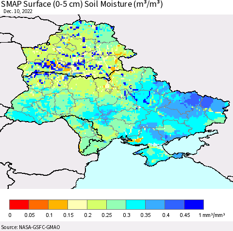 Ukraine, Moldova and Belarus SMAP Surface (0-5 cm) Soil Moisture (m³/m³) Thematic Map For 12/6/2022 - 12/10/2022