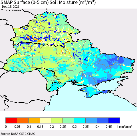 Ukraine, Moldova and Belarus SMAP Surface (0-5 cm) Soil Moisture (m³/m³) Thematic Map For 12/11/2022 - 12/15/2022