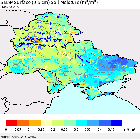 Ukraine, Moldova and Belarus SMAP Surface (0-5 cm) Soil Moisture (m³/m³) Thematic Map For 12/16/2022 - 12/20/2022