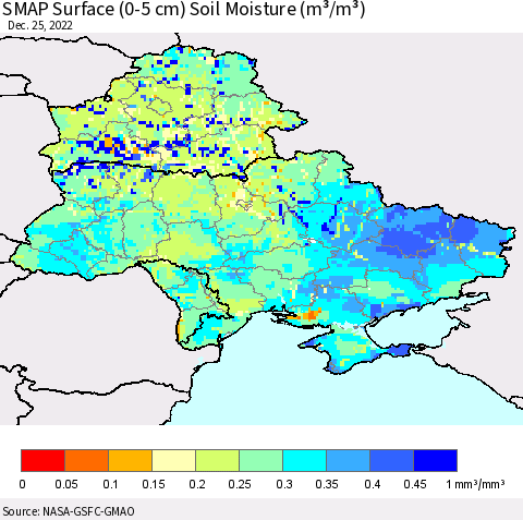 Ukraine, Moldova and Belarus SMAP Surface (0-5 cm) Soil Moisture (m³/m³) Thematic Map For 12/21/2022 - 12/25/2022