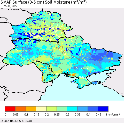 Ukraine, Moldova and Belarus SMAP Surface (0-5 cm) Soil Moisture (m³/m³) Thematic Map For 12/26/2022 - 12/31/2022