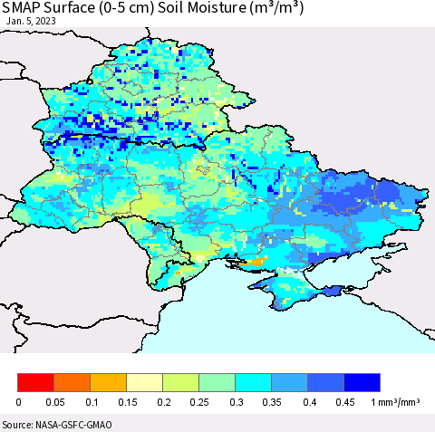 Ukraine, Moldova and Belarus SMAP Surface (0-5 cm) Soil Moisture (m³/m³) Thematic Map For 1/1/2023 - 1/5/2023