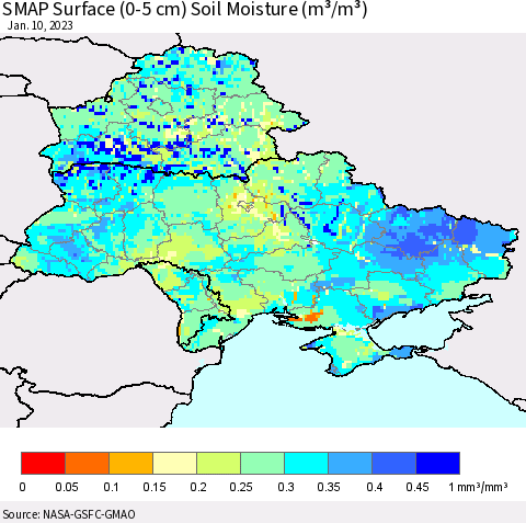 Ukraine, Moldova and Belarus SMAP Surface (0-5 cm) Soil Moisture (m³/m³) Thematic Map For 1/6/2023 - 1/10/2023