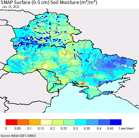 Ukraine, Moldova and Belarus SMAP Surface (0-5 cm) Soil Moisture (m³/m³) Thematic Map For 1/11/2023 - 1/15/2023