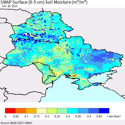Ukraine, Moldova and Belarus SMAP Surface (0-5 cm) Soil Moisture (m³/m³) Thematic Map For 1/16/2023 - 1/20/2023