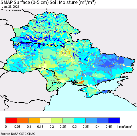 Ukraine, Moldova and Belarus SMAP Surface (0-5 cm) Soil Moisture (m³/m³) Thematic Map For 1/21/2023 - 1/25/2023