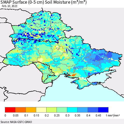 Ukraine, Moldova and Belarus SMAP Surface (0-5 cm) Soil Moisture (m³/m³) Thematic Map For 2/6/2023 - 2/10/2023