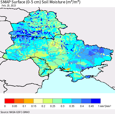 Ukraine, Moldova and Belarus SMAP Surface (0-5 cm) Soil Moisture (m³/m³) Thematic Map For 2/16/2023 - 2/20/2023