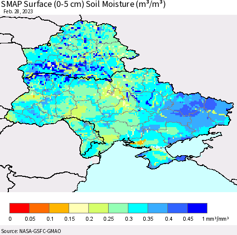 Ukraine, Moldova and Belarus SMAP Surface (0-5 cm) Soil Moisture (m³/m³) Thematic Map For 2/26/2023 - 2/28/2023