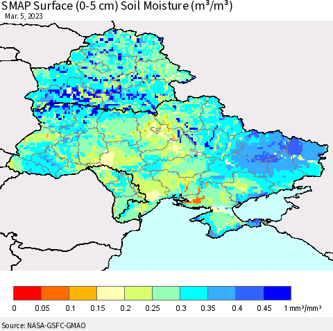 Ukraine, Moldova and Belarus SMAP Surface (0-5 cm) Soil Moisture (m³/m³) Thematic Map For 3/1/2023 - 3/5/2023