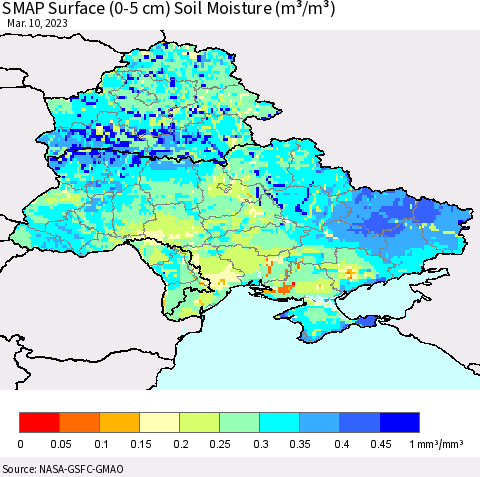 Ukraine, Moldova and Belarus SMAP Surface (0-5 cm) Soil Moisture (m³/m³) Thematic Map For 3/6/2023 - 3/10/2023