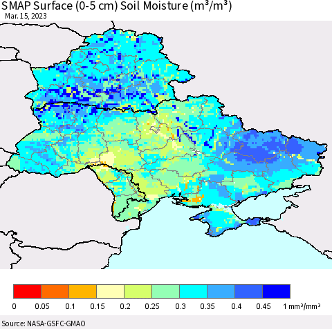 Ukraine, Moldova and Belarus SMAP Surface (0-5 cm) Soil Moisture (m³/m³) Thematic Map For 3/11/2023 - 3/15/2023