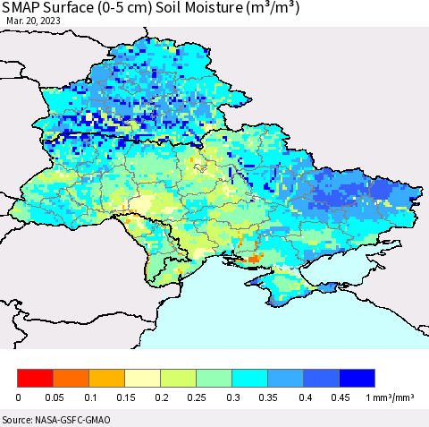 Ukraine, Moldova and Belarus SMAP Surface (0-5 cm) Soil Moisture (m³/m³) Thematic Map For 3/16/2023 - 3/20/2023
