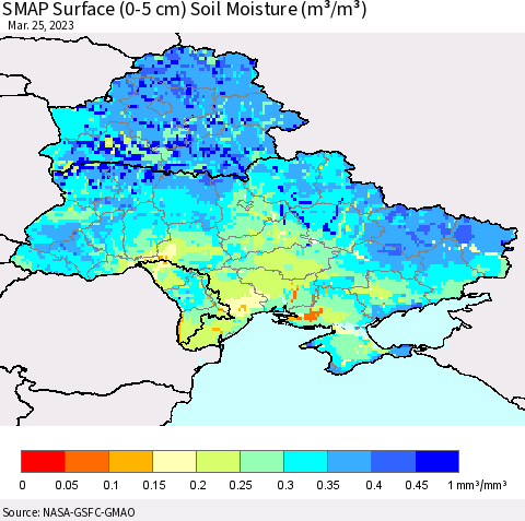 Ukraine, Moldova and Belarus SMAP Surface (0-5 cm) Soil Moisture (m³/m³) Thematic Map For 3/21/2023 - 3/25/2023