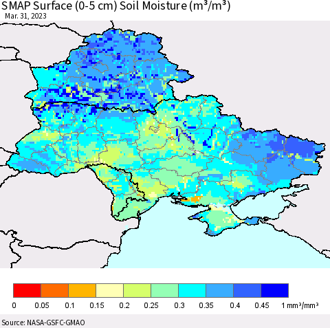 Ukraine, Moldova and Belarus SMAP Surface (0-5 cm) Soil Moisture (m³/m³) Thematic Map For 3/26/2023 - 3/31/2023