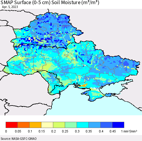Ukraine, Moldova and Belarus SMAP Surface (0-5 cm) Soil Moisture (m³/m³) Thematic Map For 4/1/2023 - 4/5/2023