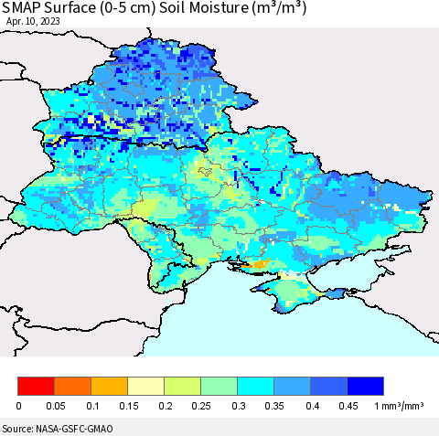 Ukraine, Moldova and Belarus SMAP Surface (0-5 cm) Soil Moisture (m³/m³) Thematic Map For 4/6/2023 - 4/10/2023