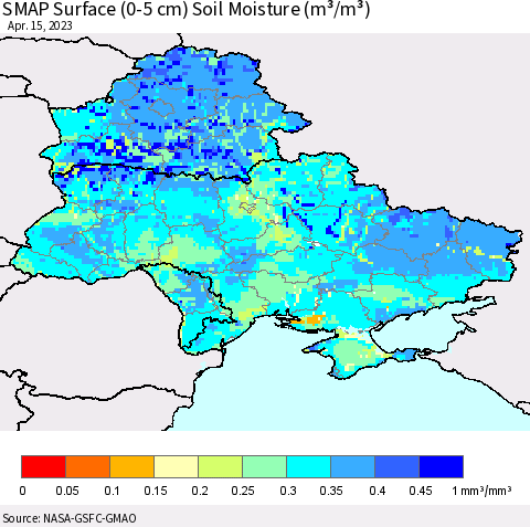 Ukraine, Moldova and Belarus SMAP Surface (0-5 cm) Soil Moisture (m³/m³) Thematic Map For 4/11/2023 - 4/15/2023