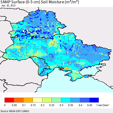 Ukraine, Moldova and Belarus SMAP Surface (0-5 cm) Soil Moisture (m³/m³) Thematic Map For 4/16/2023 - 4/20/2023