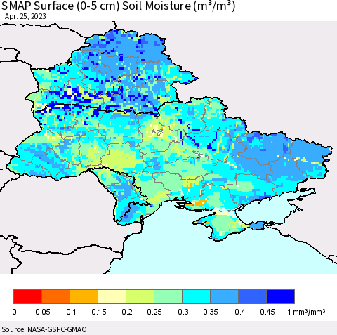 Ukraine, Moldova and Belarus SMAP Surface (0-5 cm) Soil Moisture (m³/m³) Thematic Map For 4/21/2023 - 4/25/2023