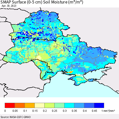 Ukraine, Moldova and Belarus SMAP Surface (0-5 cm) Soil Moisture (m³/m³) Thematic Map For 4/26/2023 - 4/30/2023