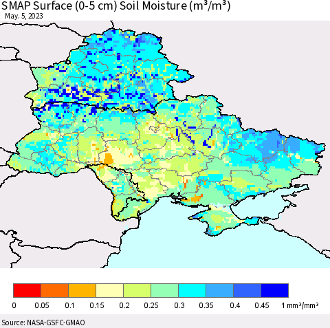 Ukraine, Moldova and Belarus SMAP Surface (0-5 cm) Soil Moisture (m³/m³) Thematic Map For 5/1/2023 - 5/5/2023