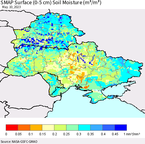Ukraine, Moldova and Belarus SMAP Surface (0-5 cm) Soil Moisture (m³/m³) Thematic Map For 5/6/2023 - 5/10/2023