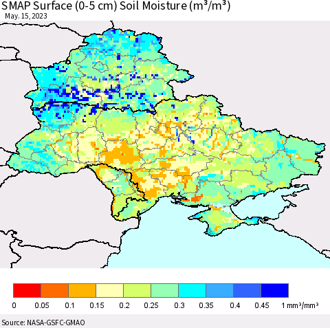 Ukraine, Moldova and Belarus SMAP Surface (0-5 cm) Soil Moisture (m³/m³) Thematic Map For 5/11/2023 - 5/15/2023