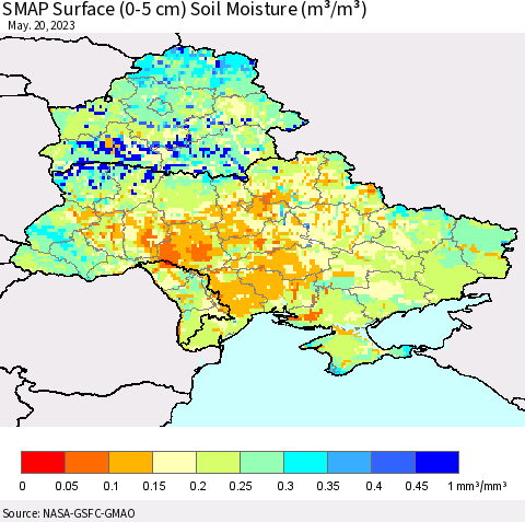 Ukraine, Moldova and Belarus SMAP Surface (0-5 cm) Soil Moisture (m³/m³) Thematic Map For 5/16/2023 - 5/20/2023
