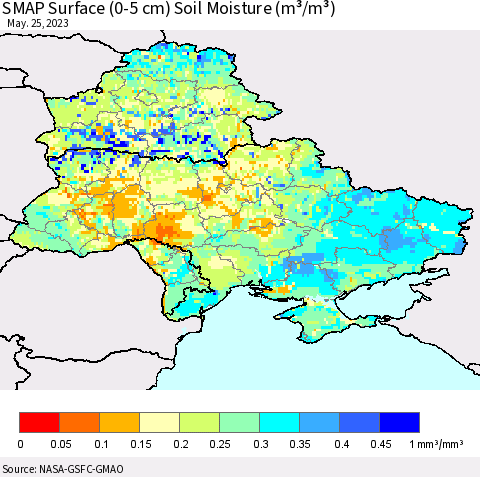 Ukraine, Moldova and Belarus SMAP Surface (0-5 cm) Soil Moisture (m³/m³) Thematic Map For 5/21/2023 - 5/25/2023