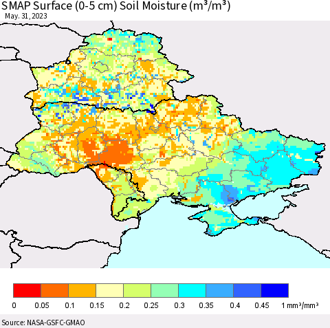 Ukraine, Moldova and Belarus SMAP Surface (0-5 cm) Soil Moisture (m³/m³) Thematic Map For 5/26/2023 - 5/31/2023