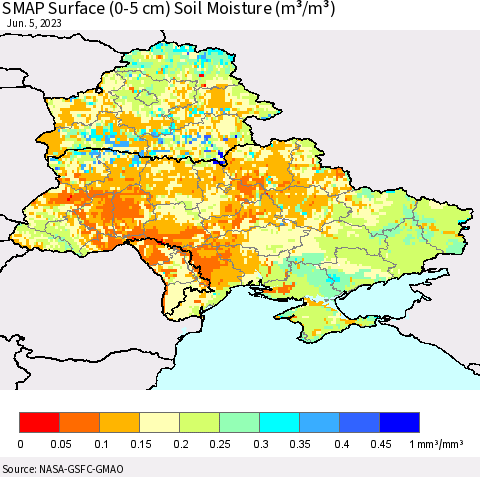 Ukraine, Moldova and Belarus SMAP Surface (0-5 cm) Soil Moisture (m³/m³) Thematic Map For 6/1/2023 - 6/5/2023