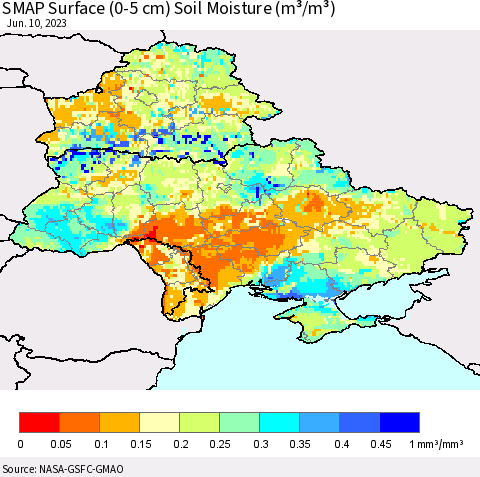 Ukraine, Moldova and Belarus SMAP Surface (0-5 cm) Soil Moisture (m³/m³) Thematic Map For 6/6/2023 - 6/10/2023