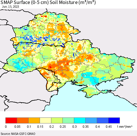 Ukraine, Moldova and Belarus SMAP Surface (0-5 cm) Soil Moisture (m³/m³) Thematic Map For 6/11/2023 - 6/15/2023