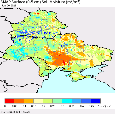 Ukraine, Moldova and Belarus SMAP Surface (0-5 cm) Soil Moisture (m³/m³) Thematic Map For 6/16/2023 - 6/20/2023