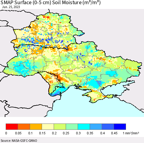 Ukraine, Moldova and Belarus SMAP Surface (0-5 cm) Soil Moisture (m³/m³) Thematic Map For 6/21/2023 - 6/25/2023