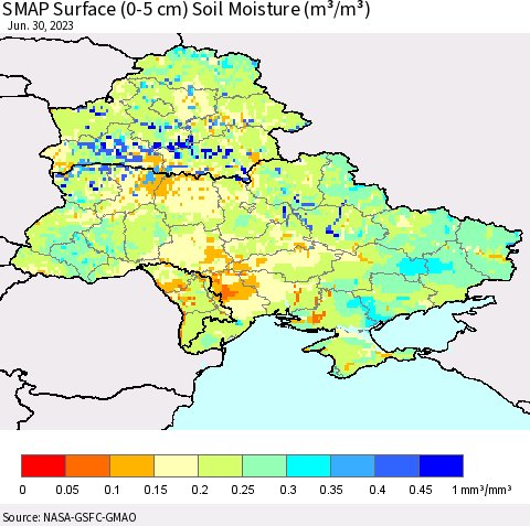 Ukraine, Moldova and Belarus SMAP Surface (0-5 cm) Soil Moisture (m³/m³) Thematic Map For 6/26/2023 - 6/30/2023