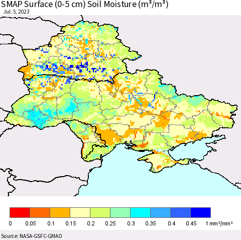 Ukraine, Moldova and Belarus SMAP Surface (0-5 cm) Soil Moisture (m³/m³) Thematic Map For 7/1/2023 - 7/5/2023