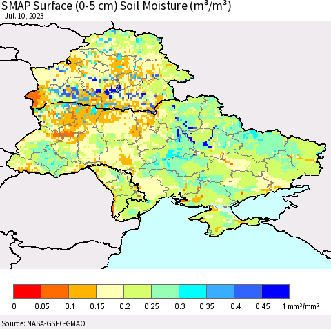 Ukraine, Moldova and Belarus SMAP Surface (0-5 cm) Soil Moisture (m³/m³) Thematic Map For 7/6/2023 - 7/10/2023