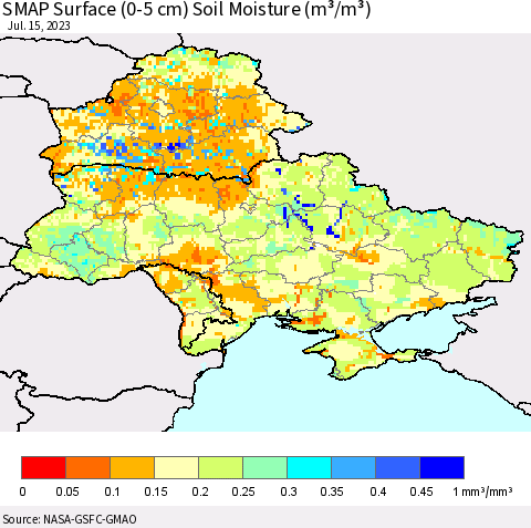 Ukraine, Moldova and Belarus SMAP Surface (0-5 cm) Soil Moisture (m³/m³) Thematic Map For 7/11/2023 - 7/15/2023