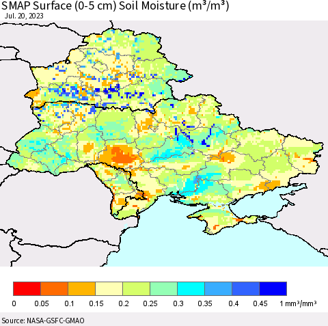 Ukraine, Moldova and Belarus SMAP Surface (0-5 cm) Soil Moisture (m³/m³) Thematic Map For 7/16/2023 - 7/20/2023